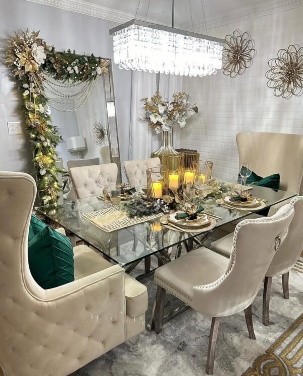 6 seater pure glass table dinning set with silver chairs - Image 2