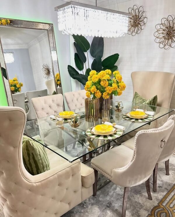 6 seater pure glass table dinning set with silver chairs